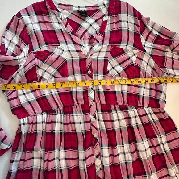 Torrid Emma Tunic Womens 3X Red Pink Plaid Babydoll Challis Button-Front Top - Picture 8 of 10